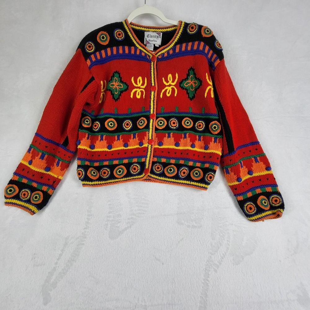 Vtg Clarity Creation Sweater Women S Hand Knitted Cardigan Geometric Cottagecore